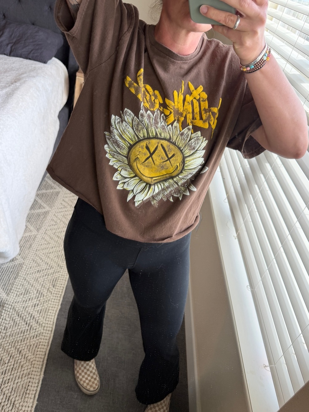 Blink 182 Cropped Brown Short Sleeve Graphic Tee with Yellow Sunflower Graphic